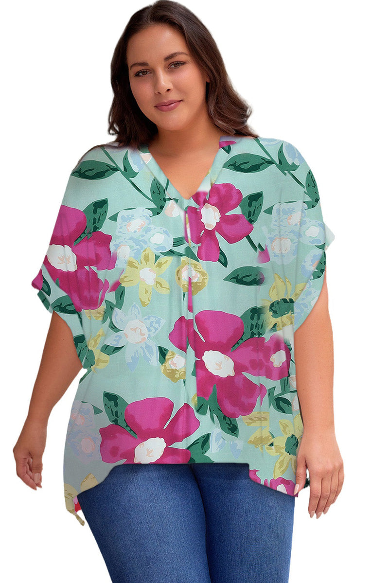 Trendsi Plus Size Printed Notched Neck Half Sleeve Top