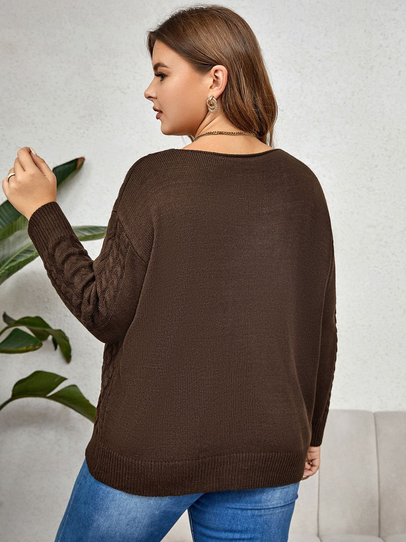 Plus Size V-Neck Cable-Knit Long Sleeve Sweater