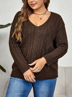 Trendsi Plus Size V-Neck Cable-Knit Long Sleeve Sweater