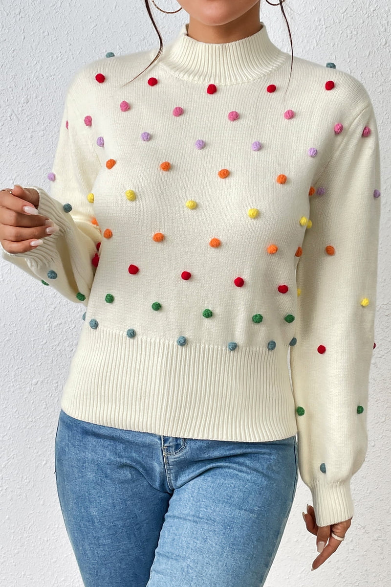 Trendsi Pom-Pom Trim Mock Neck Long Sleeve Pullover Sweater