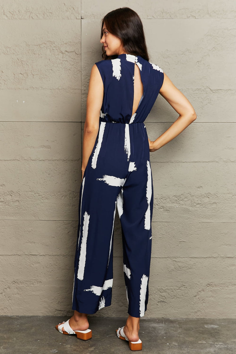 Trendsi Printed Round Neck Cutout Jumpsuit with Pockets