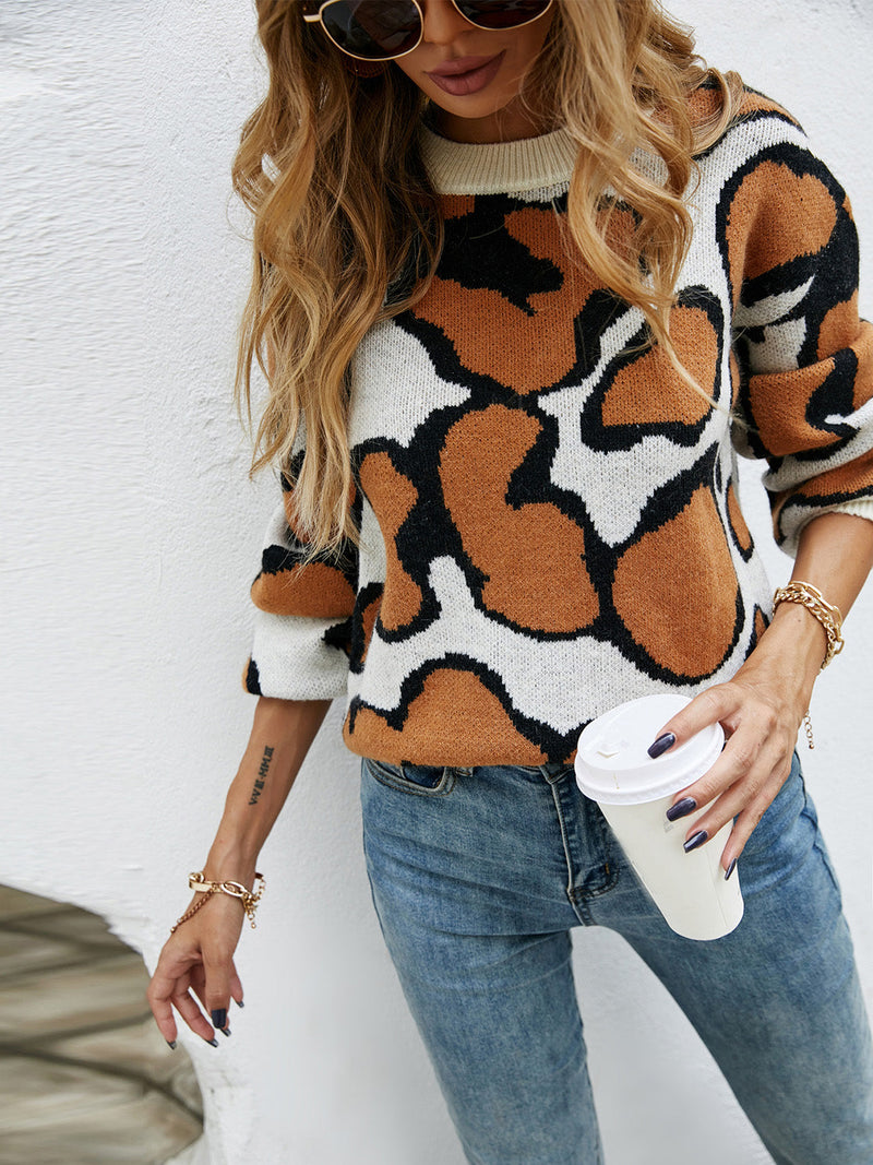 Trendsi Printed Round Neck Long Sleeve Sweater