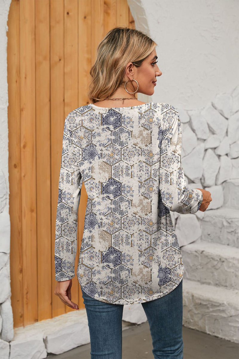 Trendsi Printed Square Neck Long Sleeve Blouse