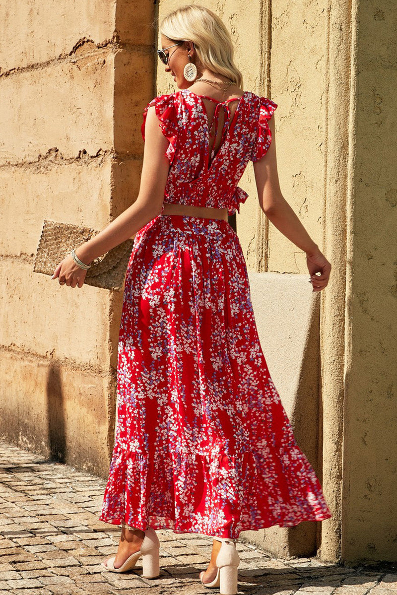 Trendsi Printed Tie Back Cropped Top and Maxi Skirt Set