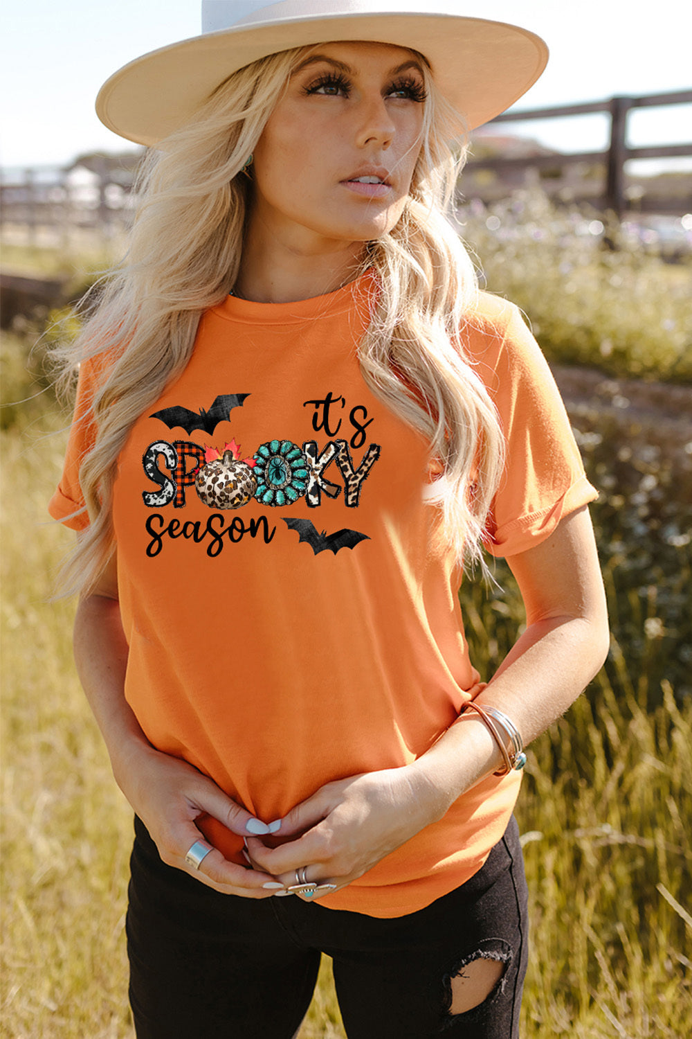 Trendsi Pumpkin / S Round Neck Short Sleeve IT'S SPOOKY SEASON Graphic T-Shirt