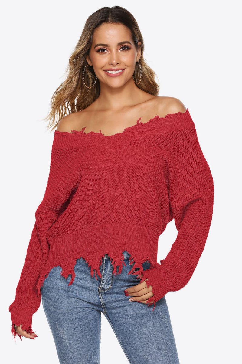 Trendsi Red / S Off-Shoulder Ribbed Long Sleeve Raw Hem Sweater