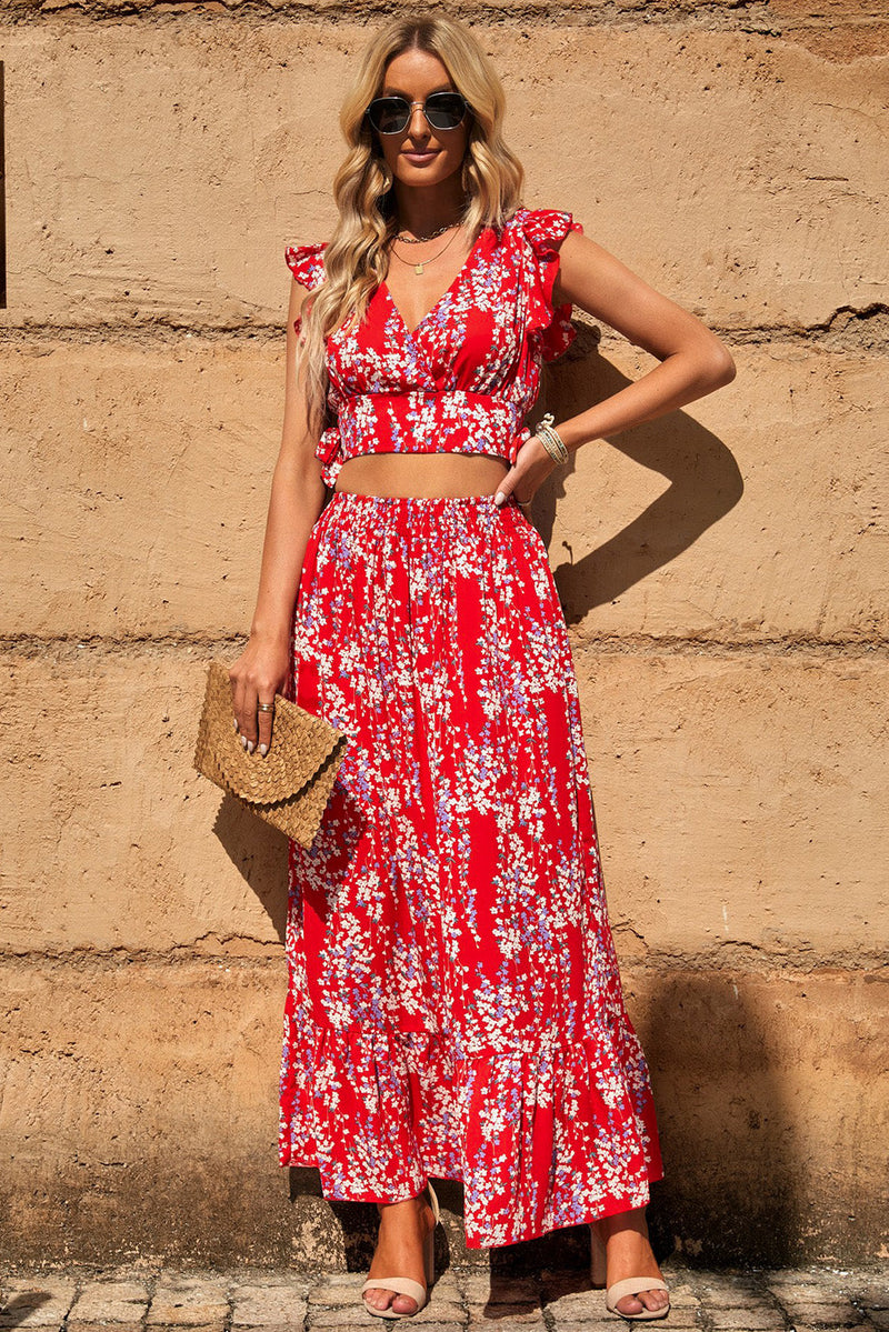 Trendsi Red / S Printed Tie Back Cropped Top and Maxi Skirt Set