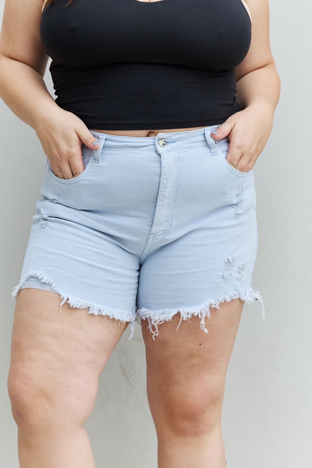 Katie Full Size High Waisted Distressed Shorts in Ice Blue