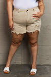 Trendsi RISEN Katie Full Size High Waisted Distressed Shorts in Sand