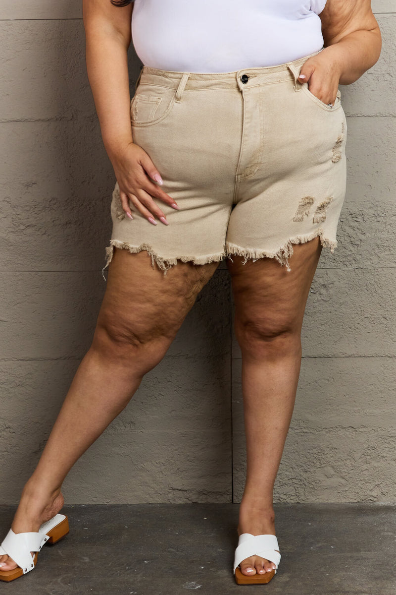 Trendsi RISEN Katie Full Size High Waisted Distressed Shorts in Sand