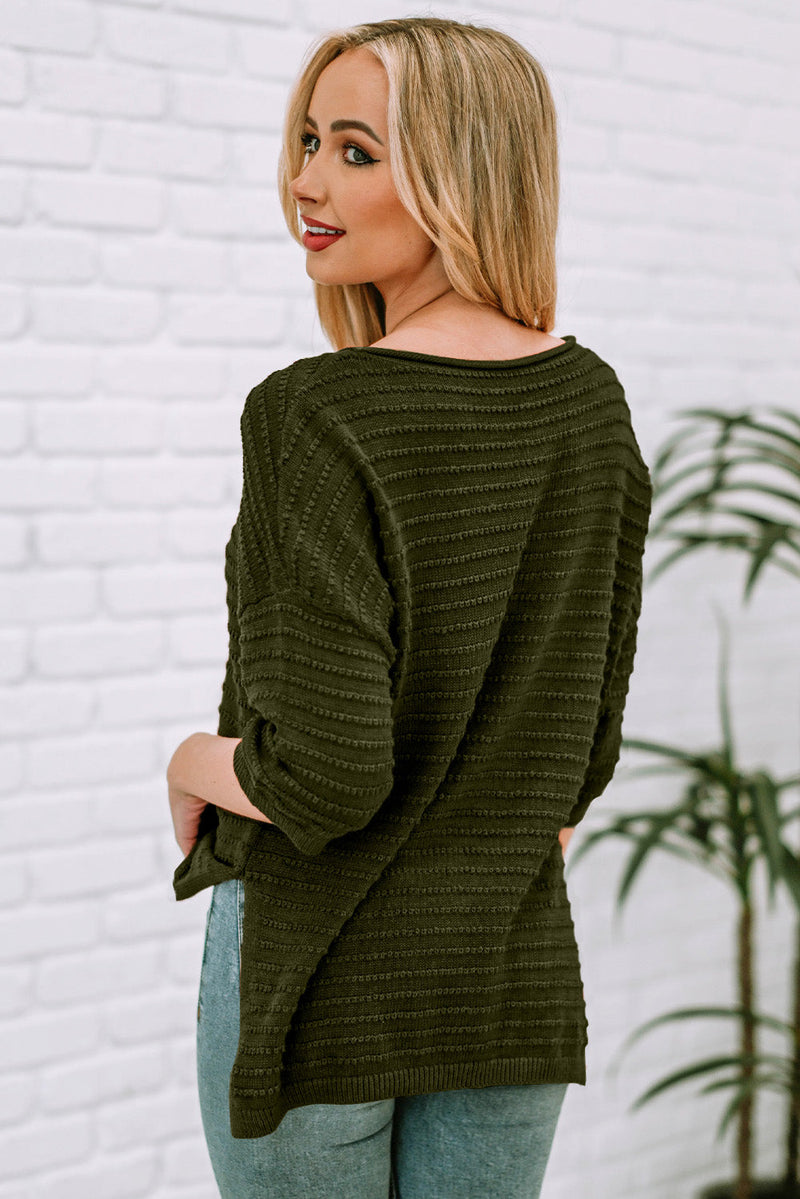 Trendsi Round Neck Dropped Shoulder Side Slit Pullover Sweater