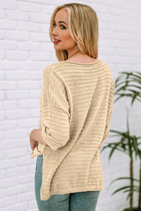 Round Neck Dropped Shoulder Side Slit Pullover Sweater