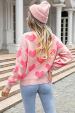 Trendsi Round Neck Dropped Shoulder Sweater with Heart Pattern