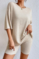 Trendsi Round Neck Ribbed Top and Shorts Lounge Set