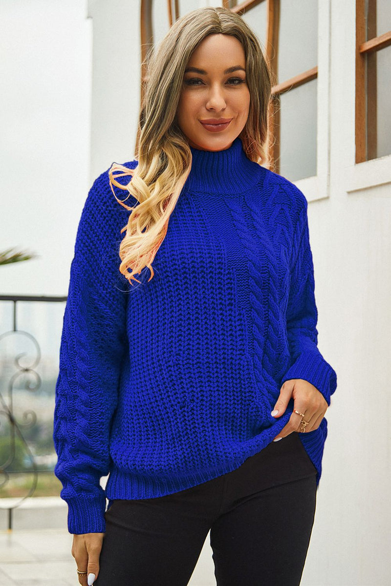 Trendsi Royal  Blue / S Cable-Knit Turtle Neck Long Sleeve Sweater