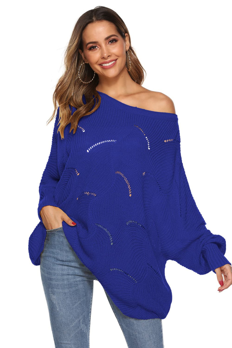 Trendsi Royal  Blue / S Round Neck Long Sleeve Openwork Sweater
