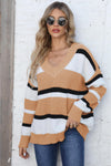 Trendsi Sand / One Size Color Block V-Neck Dropped Shoulder Sweater