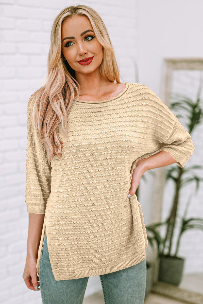Trendsi Sand / S Round Neck Dropped Shoulder Side Slit Pullover Sweater
