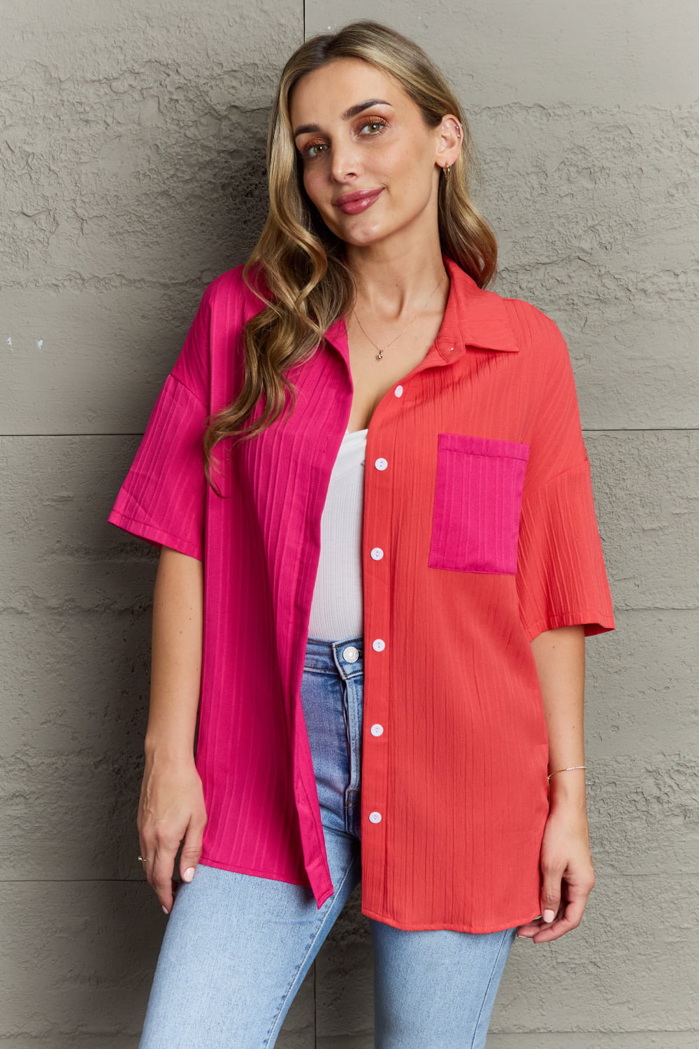 Trendsi Scarlett/Hot Pink / S Two-Tone Button Front Dropped Shoulder Shirt