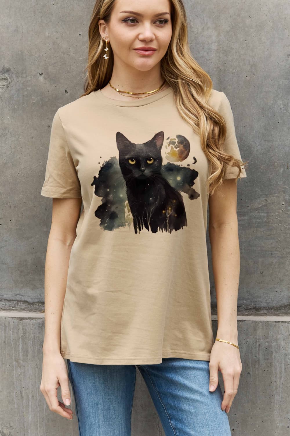 Full Size Black Cat Graphic Cotton Tee