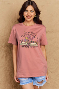 Full Size Book & Flower Graphic Cotton Tee