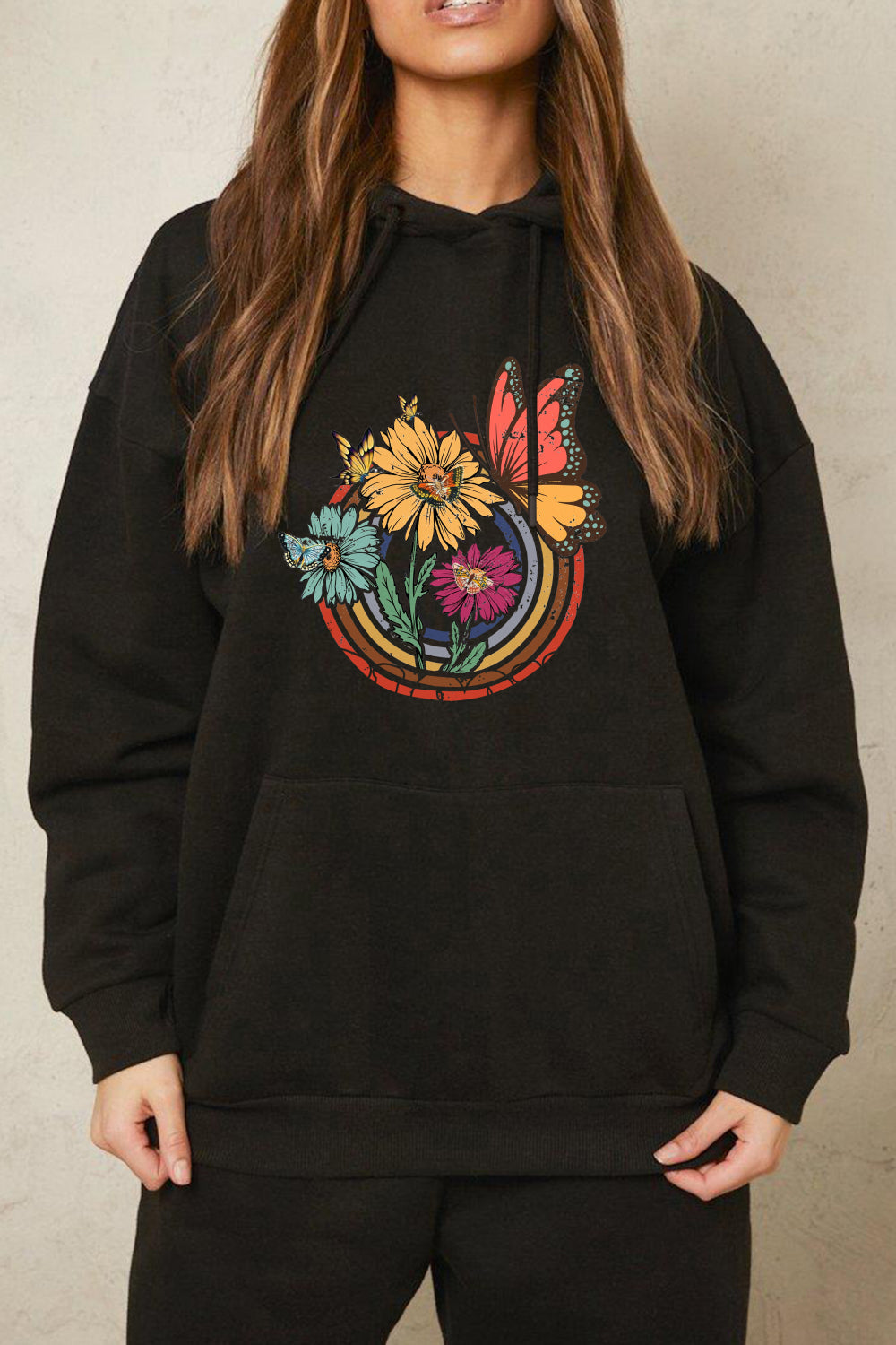 Full Size Butterfly and Flower Graphic Hoodie