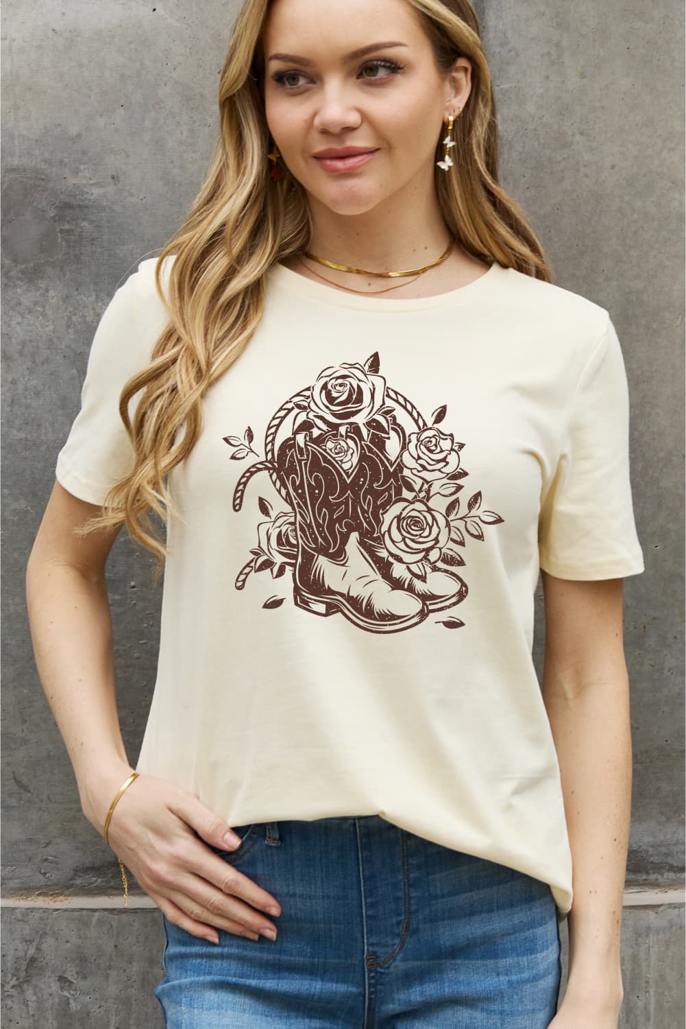 Full Size Cowboy Boots Flower Graphic Cotton Tee