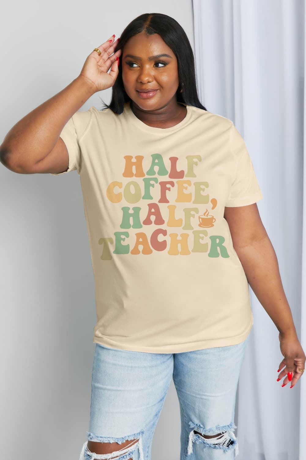 Full Size HALF COFFEE HALF TEACHER Graphic Cotton Tee