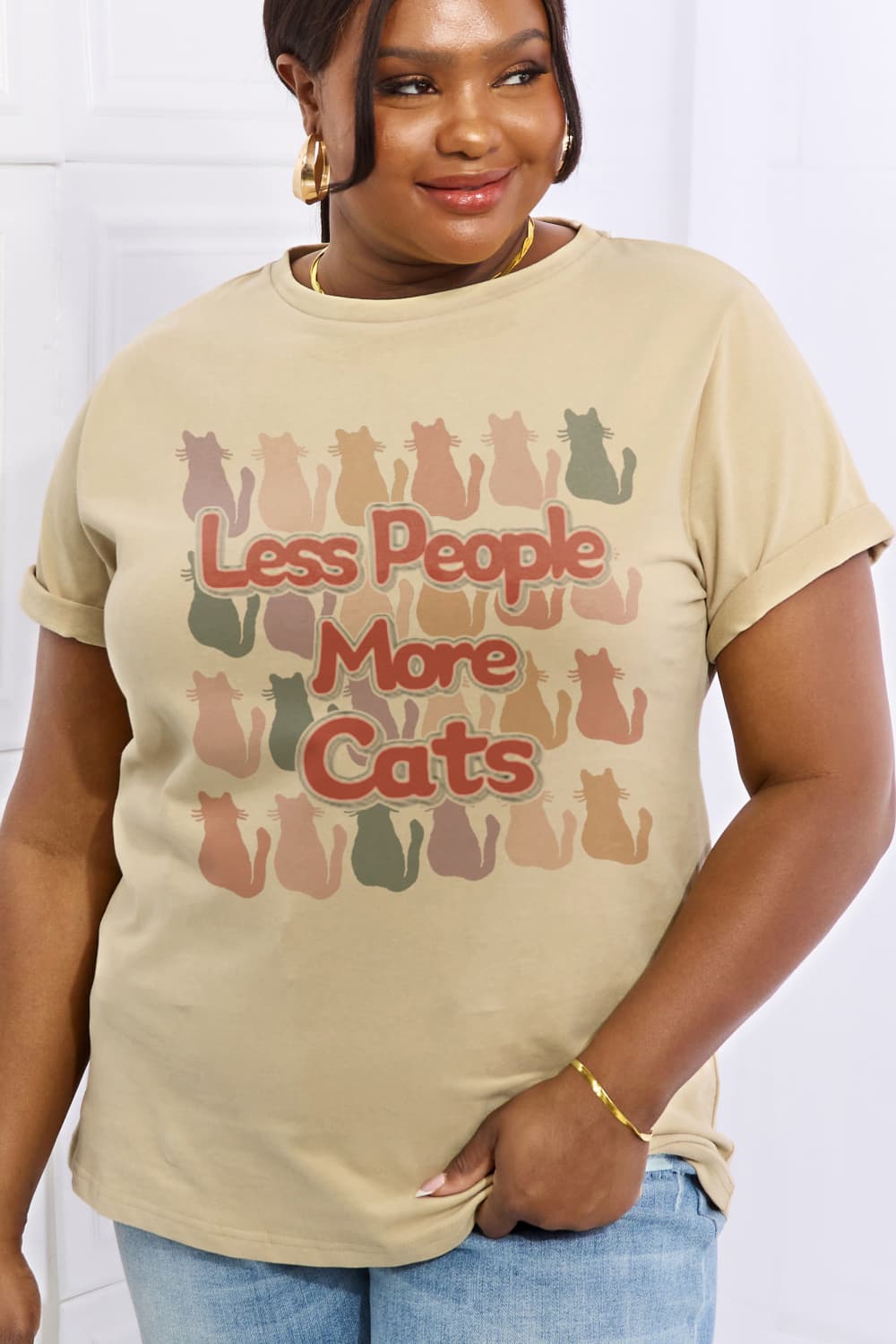 Full Size LESS PEOPLE MORE CATS Graphic Cotton Tee
