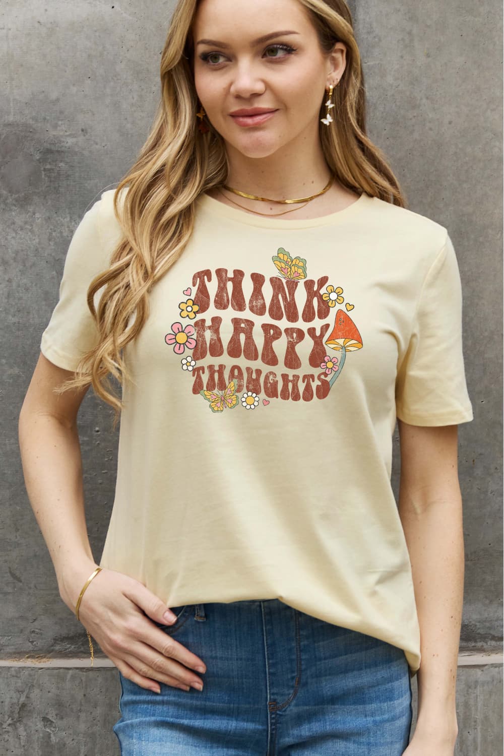 Full Size THINK HAPPY THOUGHTS Graphic Cotton Tee