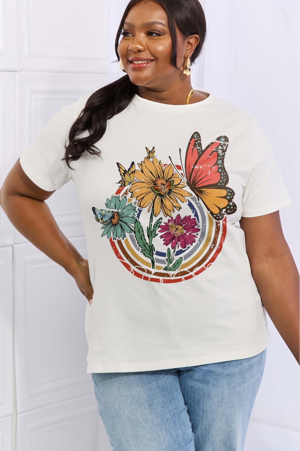 Full Size Flower & Butterfly Graphic Cotton Tee
