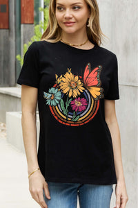 Full Size Flower & Butterfly Graphic Cotton Tee