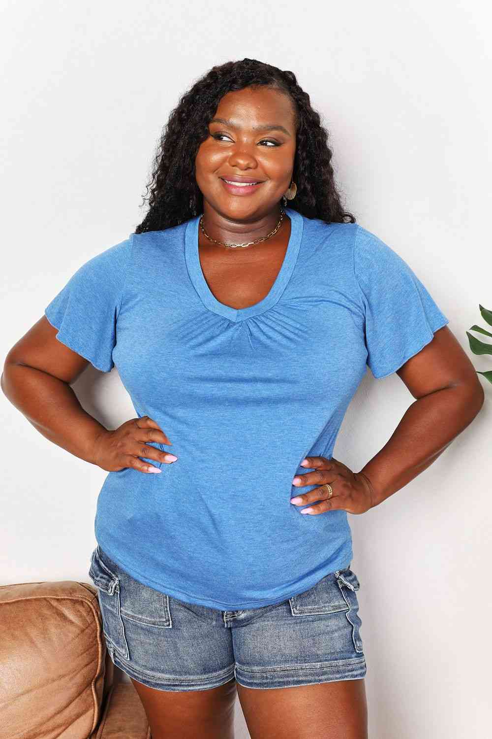 Trendsi Sky Blue / S Double Take Ruched V-Neck Short Sleeve T-Shirt