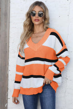 Trendsi Tangerine / One Size Color Block V-Neck Dropped Shoulder Sweater