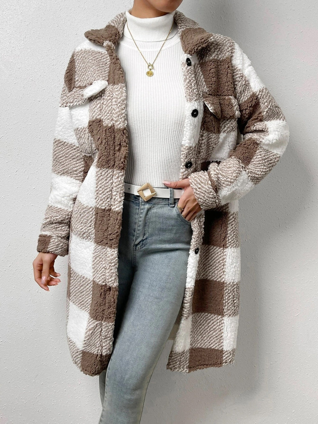 Trendsi Taupe / S Plaid Collared Neck Button Down Coat