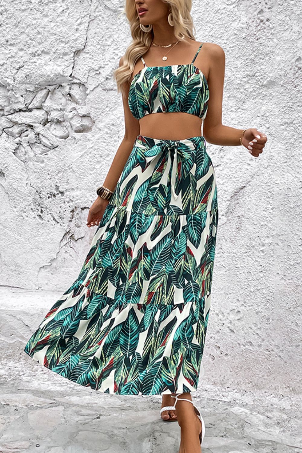 Trendsi Teal / S Botanical Print Cami and Tiered Skirt Set