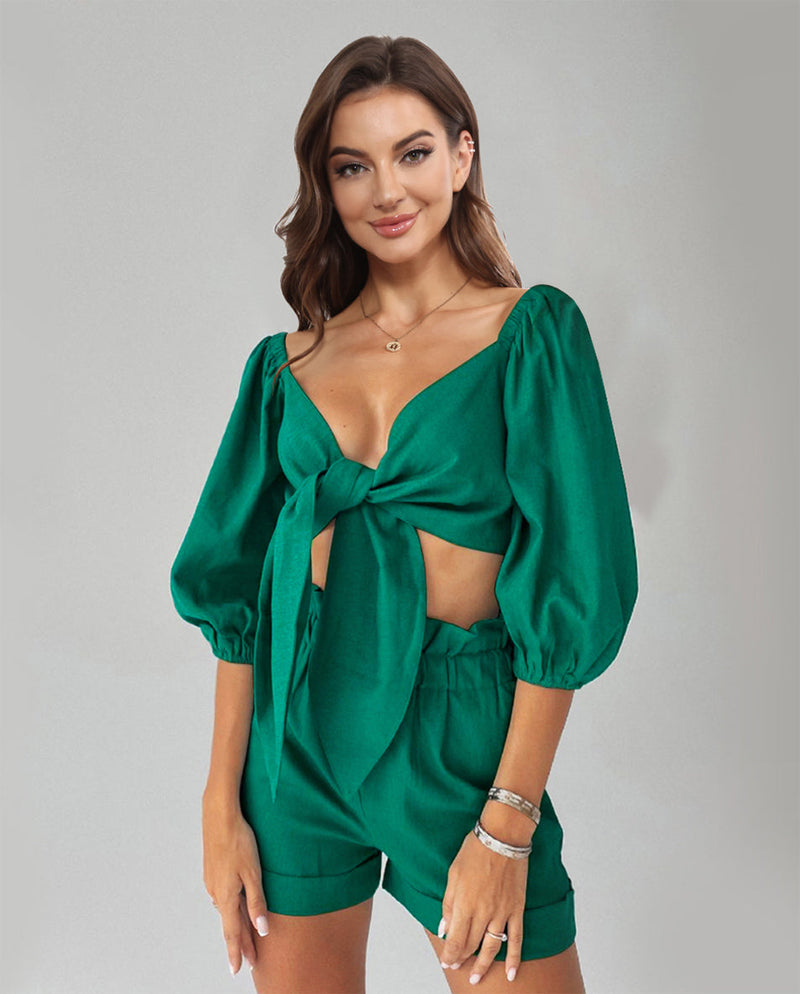 Trendsi Teal / S Cutout Puff Sleeve Top and Shorts Set