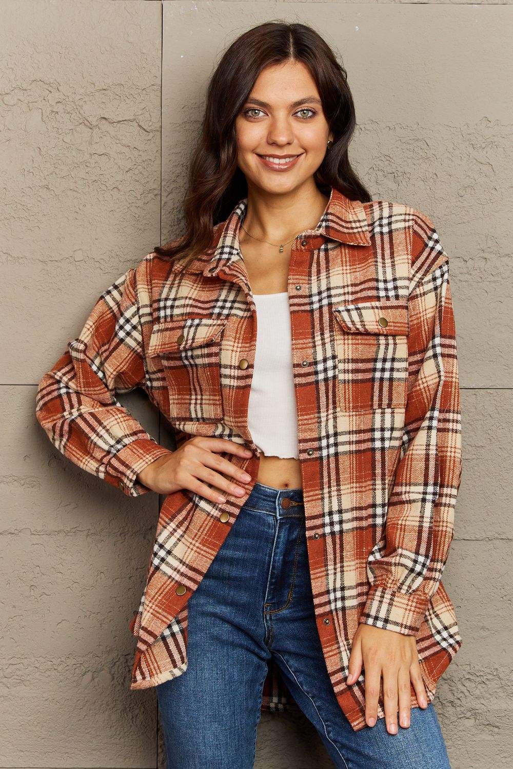 Trendsi Terracotta / S Ninexis Full Size Plaid Collared Neck Button-Down Long Sleeve Jacket