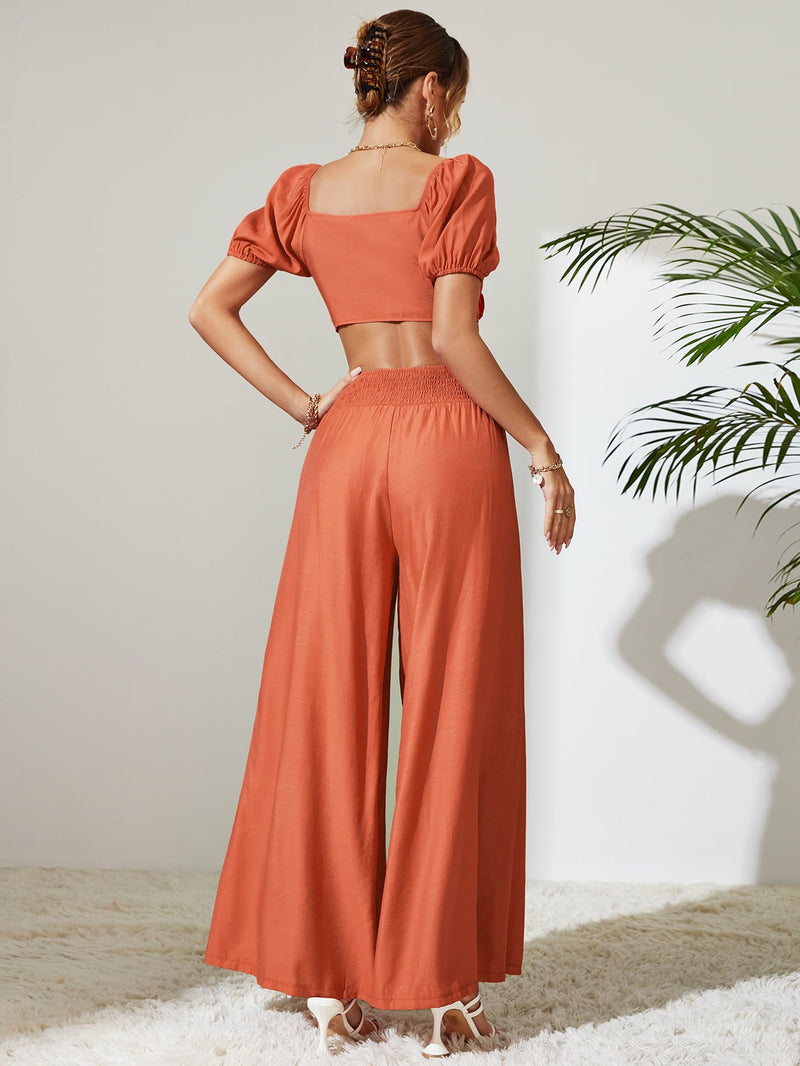 Trendsi Tie Front Cropped Top and Smocked Wide Leg Pants Set