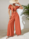 Trendsi Tie Front Cropped Top and Smocked Wide Leg Pants Set