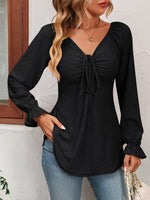 Trendsi Tie Front V-Neck Puff Sleeve Blouse