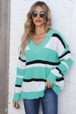 Trendsi Tiffany Blue / One Size Color Block V-Neck Dropped Shoulder Sweater