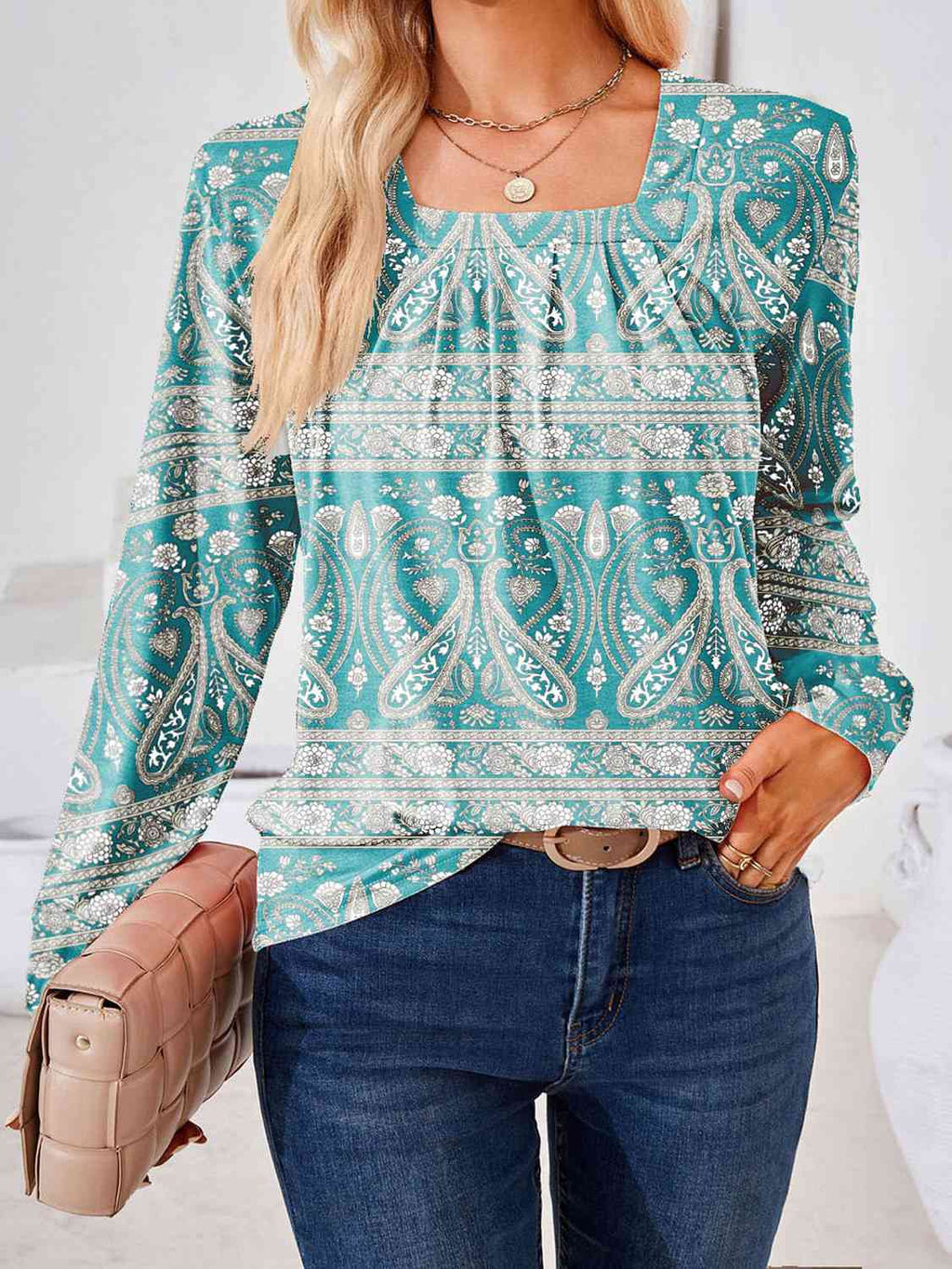 Trendsi Turquoise / S Full Size Square Neck Long Sleeve Blouse
