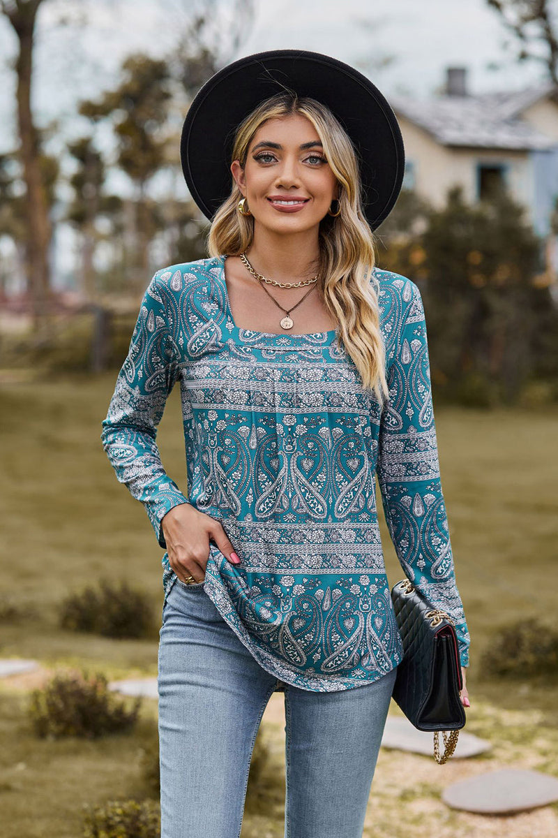 Trendsi Turquoise / S Printed Square Neck Long Sleeve Blouse
