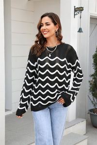 Wave Pattern Round Neck Long Sleeve Sweater