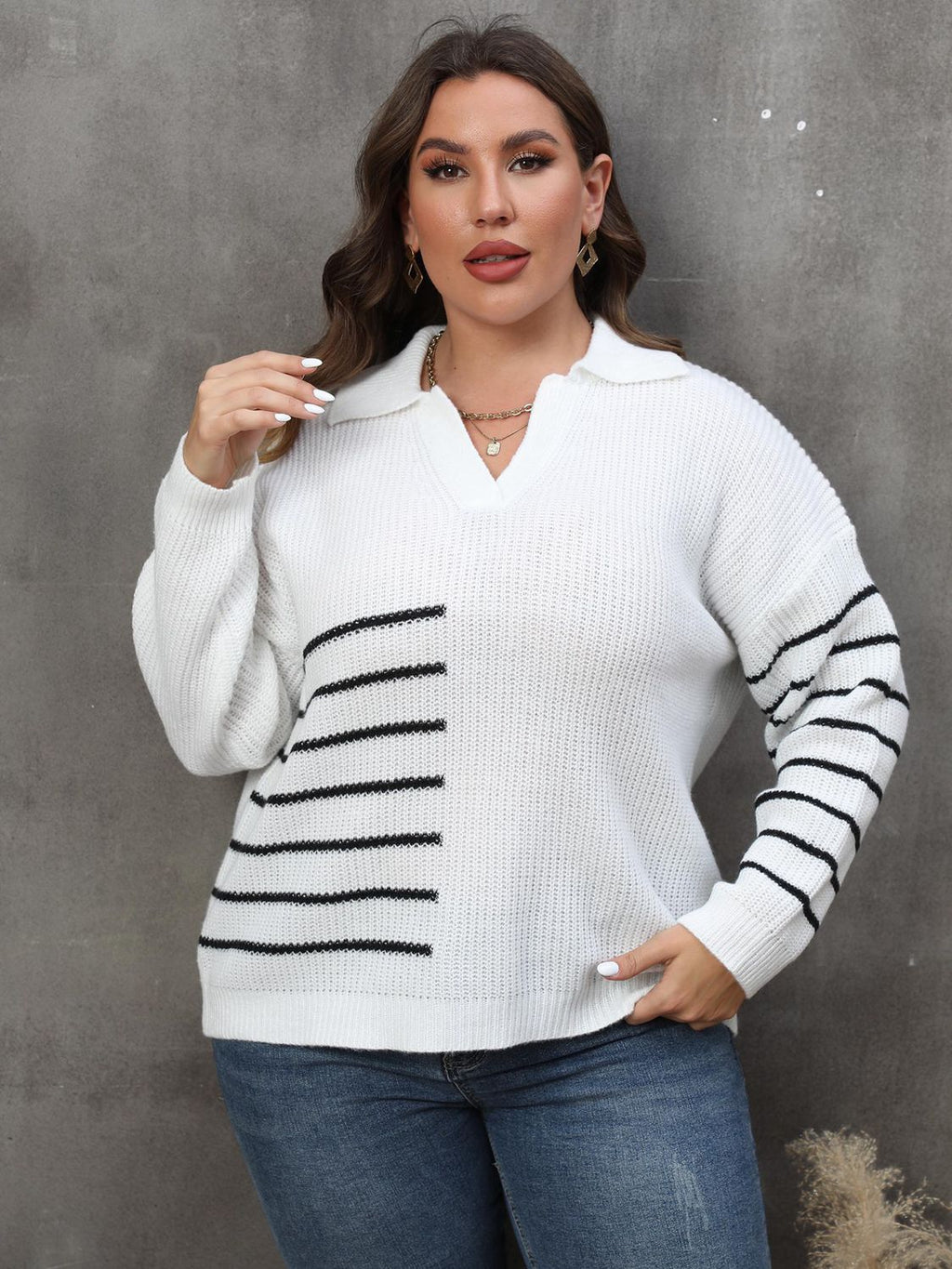 Trendsi White / 0XL Plus Size Striped V-Neck Sweater