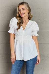 Sweet Serenity Full Size V-Neck Puff Sleeve Button Down Top