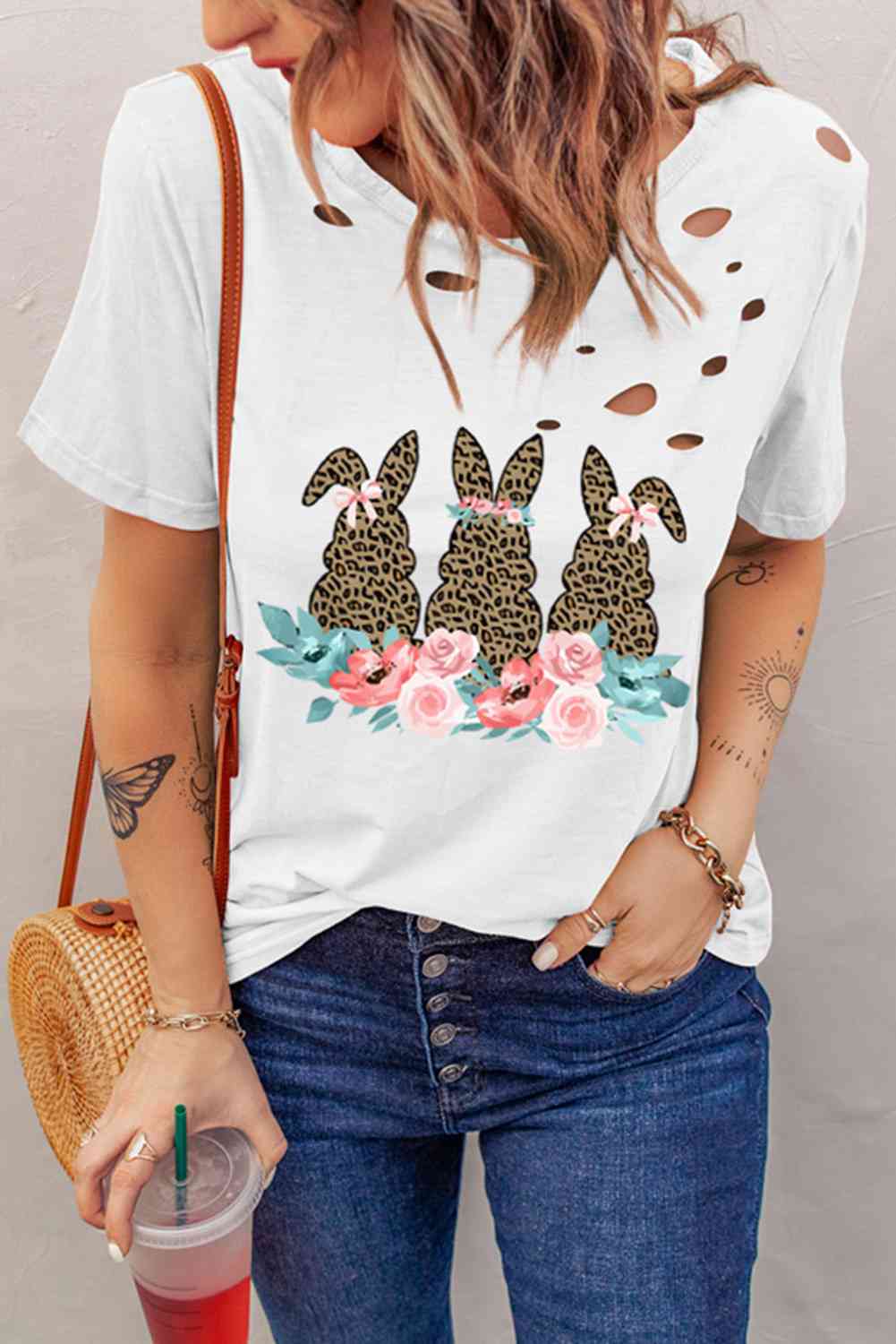 Trendsi White / S Easter Bunny Graphic Distressed Tee Shirt
