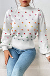 Trendsi White / S Pom-Pom Trim Mock Neck Long Sleeve Pullover Sweater