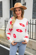 Trendsi White / S Printed Round Neck Long Sleeve Fuzzy Sweater